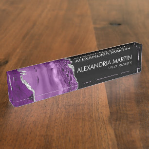 Modern Purple Black Silver Marble Agate Name Title Nameplate
