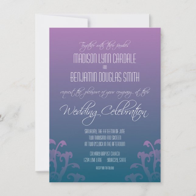 Modern Purple Blue Flourish Wedding Invitations (Front)