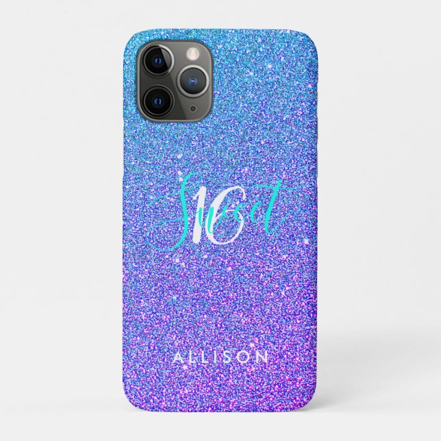 Modern Purple Blue Glitter Ombre Sweet 16 Monogram Case-Mate iPhone Case (Back)