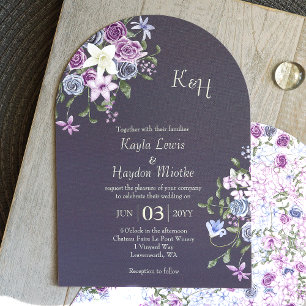 Modern Purple, Blue, Grey Rose Garden Wedding Invitation