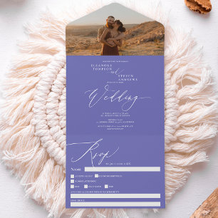 Modern purple blue photo chic calligraphy wedding all in one invitation