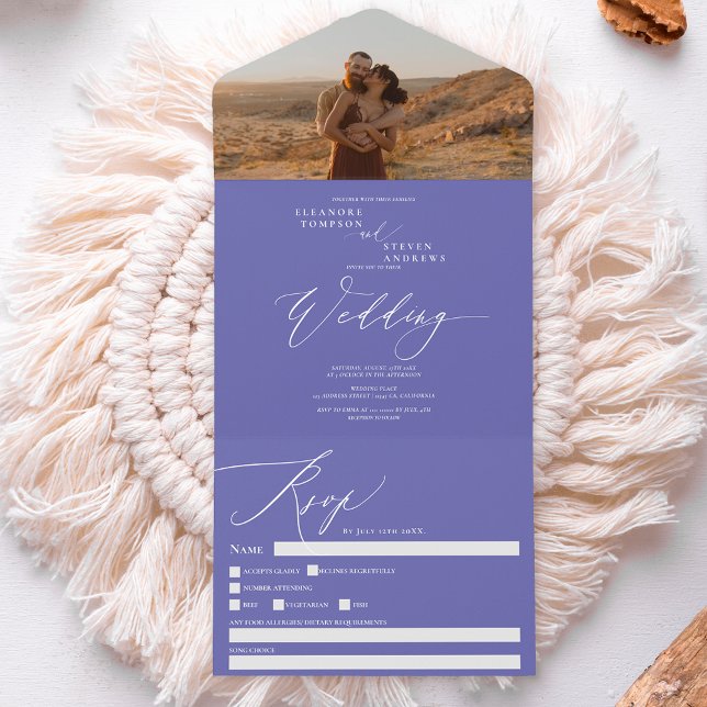 Modern purple blue photo chic calligraphy wedding all in one invitation (Creator Uploaded)