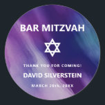 Modern Purple Blue Star David Bar Mitzvah Hebrew Classic Round Sticker<br><div class="desc">Beautiful religious Jewish Bar Mitzvah stickers. Modern yet elegant watercolor design in navy blue, purple colours. White Star of David in middle Modern script letters. 'Is called to the TORAH as a Bar Mitzvah'. Prefect for 13 year old son, boy. Easy to edit - just add your information / text.Hebrew...</div>