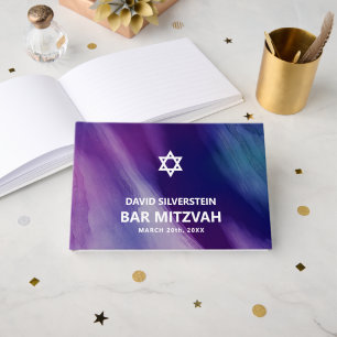 Modern Purple Blue Star David Bar Mitzvah Hebrew Guest Book