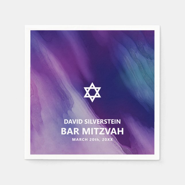 Modern Purple Blue Star David Bar Mitzvah Hebrew Napkin (Front)