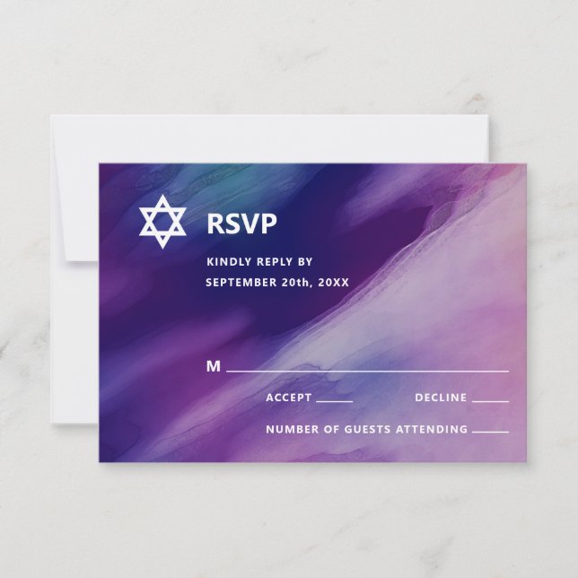 Modern Purple Blue Star David Bar Mitzvah Hebrew RSVP Card (Front)