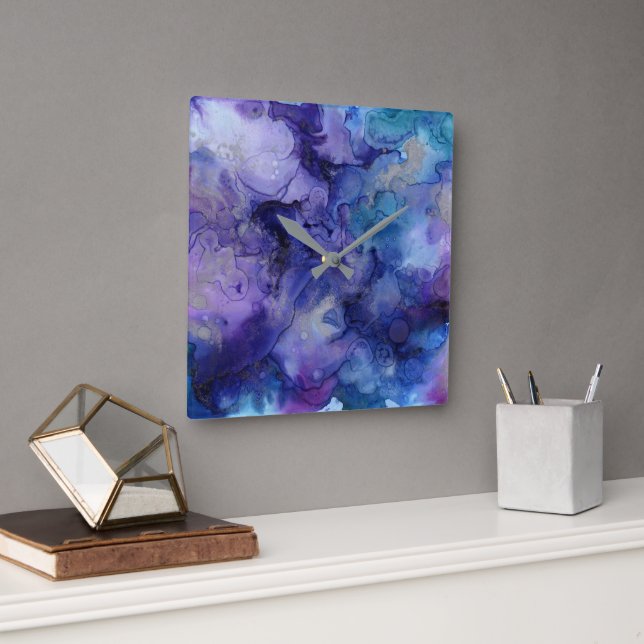 Modern purple & blue watercolor splatter pattern square wall clock (Office)