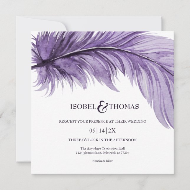 Modern Purple Boho Feather Whimsical Wedding Invitation (Front)