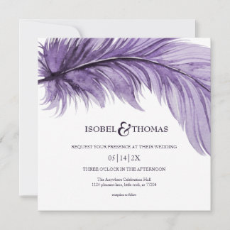 Modern Purple Boho Feather Whimsical Wedding Invitation