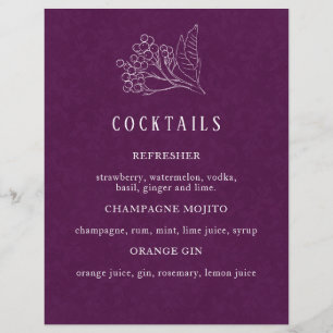 Modern Purple Botanical Wedding Cocktail Menu