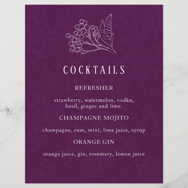 Modern Purple Botanical Wedding Cocktail Menu (Front)