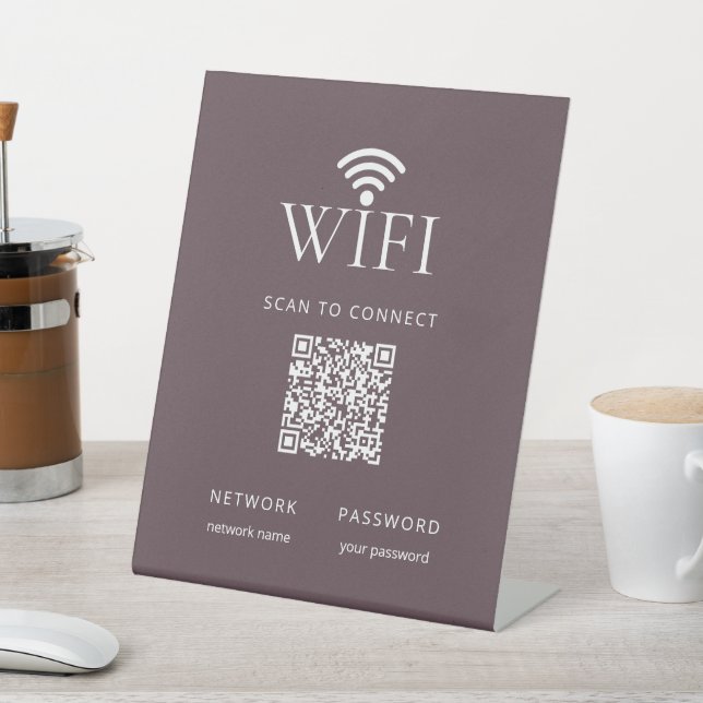 Modern Purple Brown WiFi Network Password QR Code Pedestal Sign (In SItu)