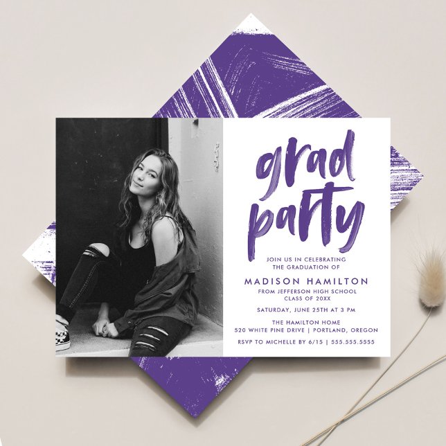 Modern Purple Brush Script Photo Graduation Party Invitation (Creator Uploaded)