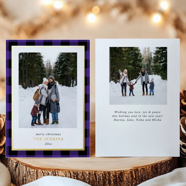 Modern Purple Buffalo Plaid Christmas Two Photos Foil Holiday Card (Creator Uploaded)