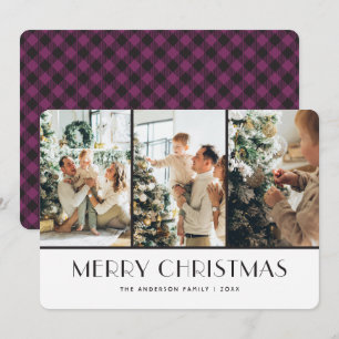 Modern Purple Buffalo Plaid Photo Christmas Cards