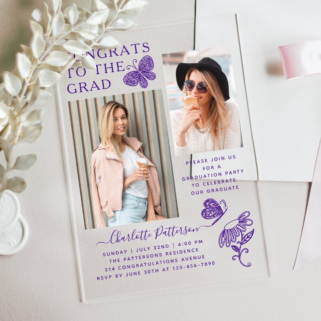Modern Purple Butterfly Photo Graduation Party Acrylic Invitations (Creator Uploaded)