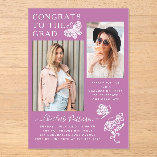 Modern Purple Butterfly Photo Graduation Party Acrylic Invitations (Front)