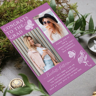 Modern Purple Butterfly Photo Graduation Party Invitation