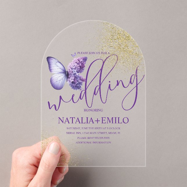 Modern Purple Butterfly  Script Minimal Wedding Acrylic Invitations (Insitu (Handheld))
