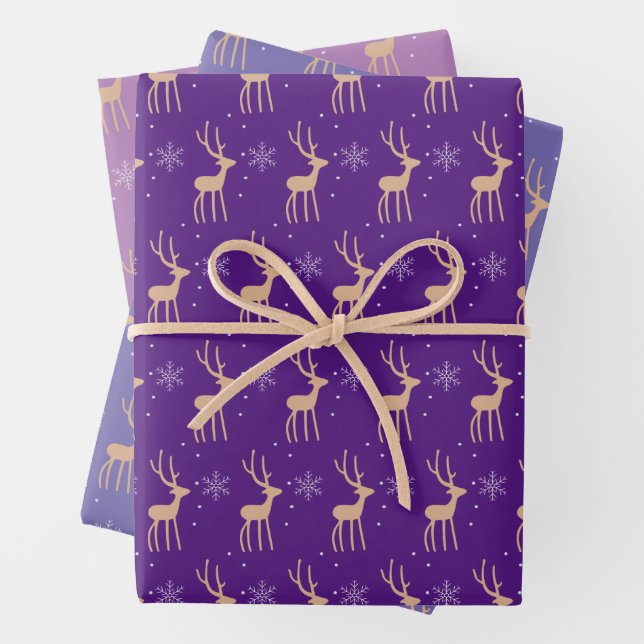Modern purple Christmas reindeers Wrapping Paper Sheet (In situ)