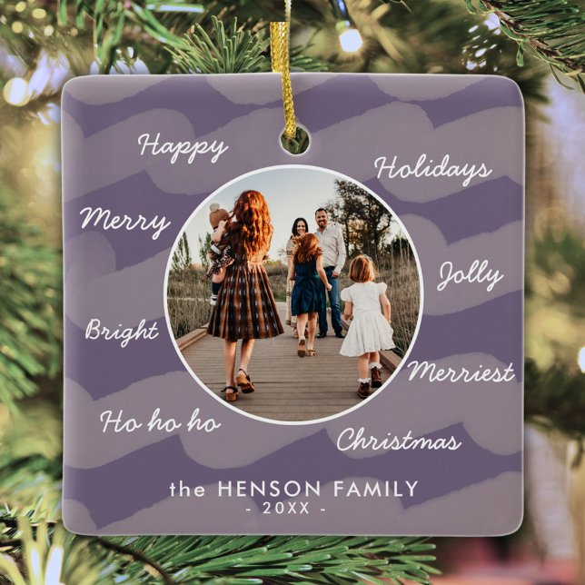 Modern Purple Christmas Wishes Family Photo  Ceramic Ornament (Creator Uploaded)