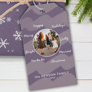 Modern Purple Christmas Wishes Family Photo Gift Tags