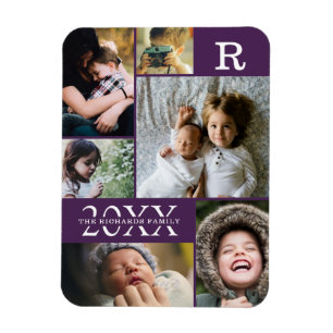 Modern Purple Colour Block Family 6 Photo Collage Magnet