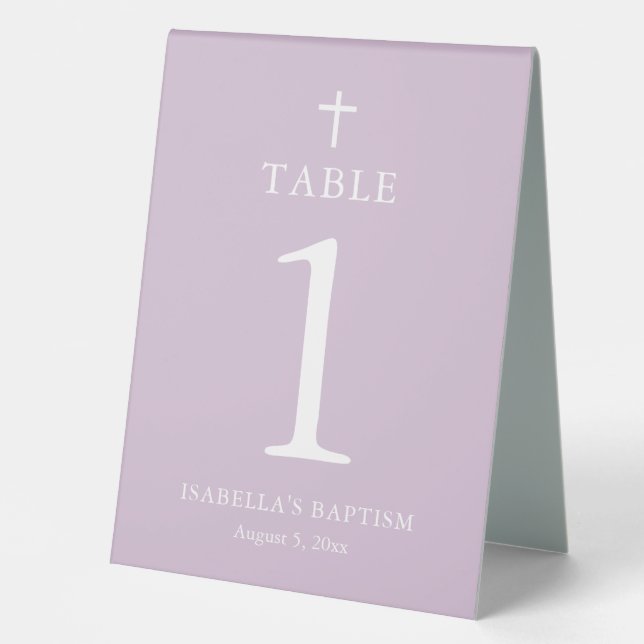 Modern Purple Cross Girl Baptism Table Tent Sign (Front)
