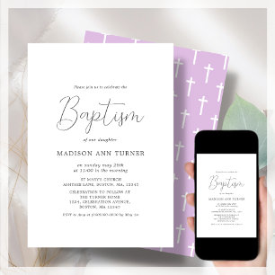 Modern Purple Cross Pattern   Baptism  Invitation