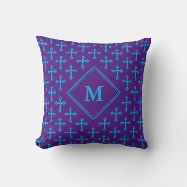 Modern Purple Cyan Blue CROSS Monogram Cushion (Front)