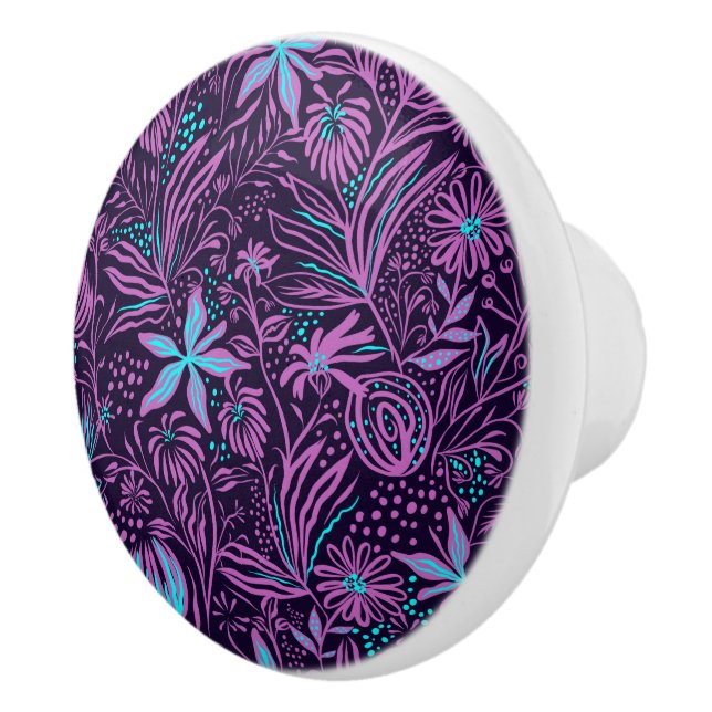 Modern Purple Dark Floral Pattern Ceramic Knob (Right)
