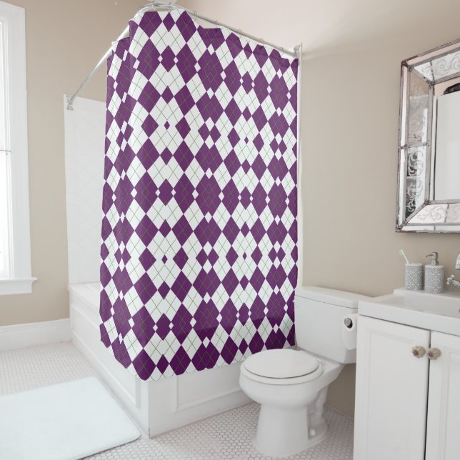 Modern Purple Diamond Argyle Grid Shower Curtain (In Situ)