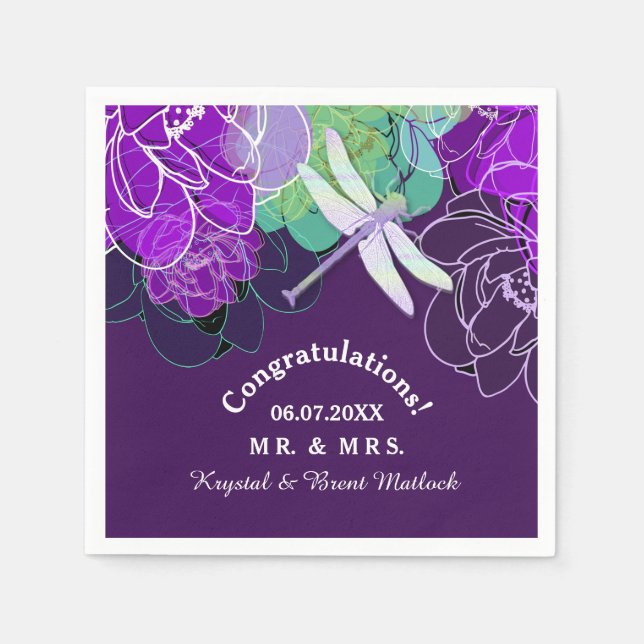 Modern Purple Dragonfly Floral Napkin (Front)