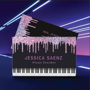 Modern Purple Drips Glitter Piano Teacher Business Card