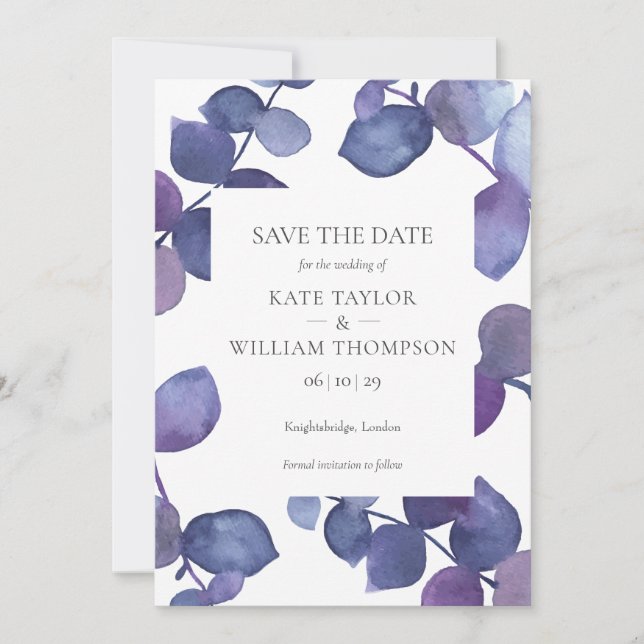 Modern Purple Eucalyptus Leaves Save the Date Invitation (Front)