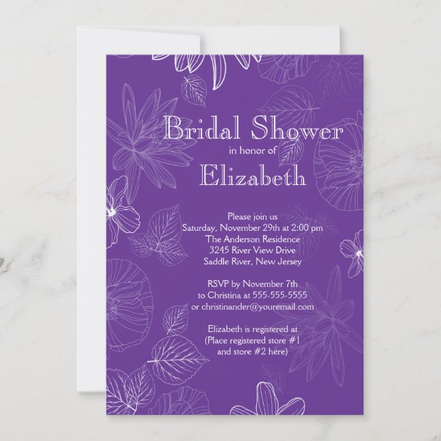Modern Purple Fall Leaves flowers Bridal Shower Invitation (Front)