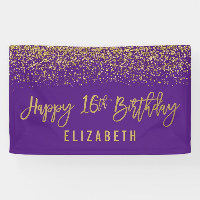 Modern Purple Faux Gold Glitter 16th Birthday Banner (Horizontal)