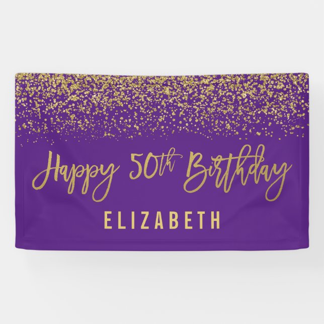 Modern Purple Faux Gold Glitter 50th Birthday Banner (Horizontal)