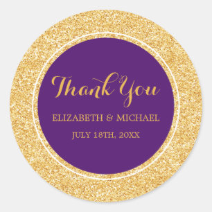 Modern Purple Faux Gold Glitter Wedding Thank You Classic Round Sticker