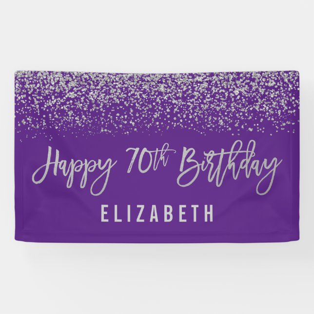 Modern Purple Faux Silver Glitter 70th Birthday Banner (Horizontal)