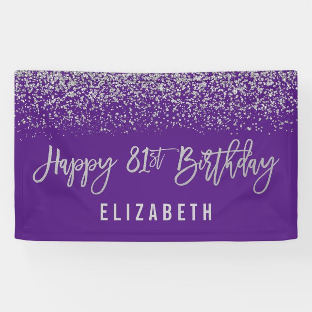 Modern Purple Faux Silver Glitter 81st Birthday Banner (Horizontal)