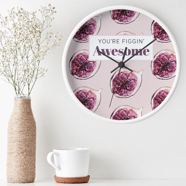 Modern Purple Fig Pattern & You're Figgin' Awesome Round Clock (Creator Uploaded)
