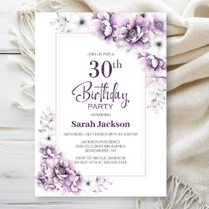 Modern Purple Floral 30th Birthday Party Invitation