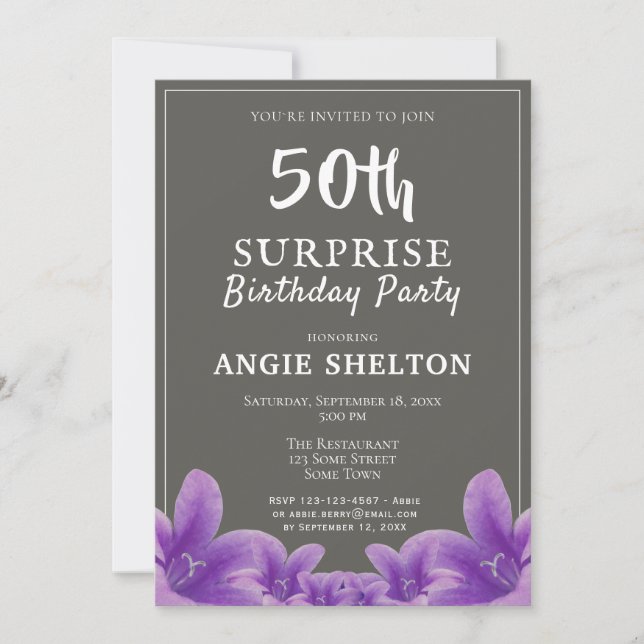 Modern Purple Floral 50th Surprise Birthday Party Invitation (Front)