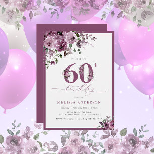 Modern Purple Floral 60th Birthday Invitation