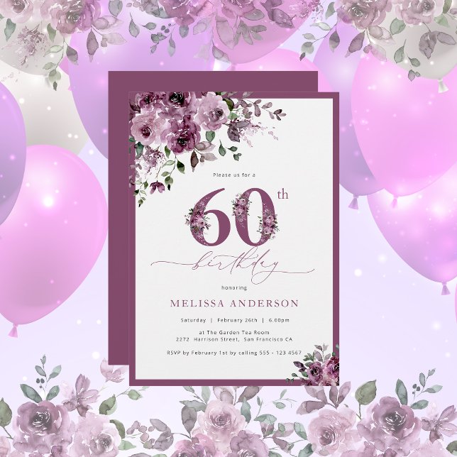 Modern Purple Floral 60th Birthday Invitation (Creator Uploaded)