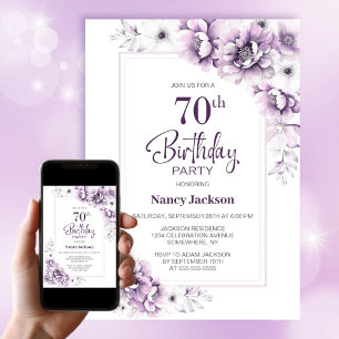 Modern Purple Floral 70th Birthday Party Invitation