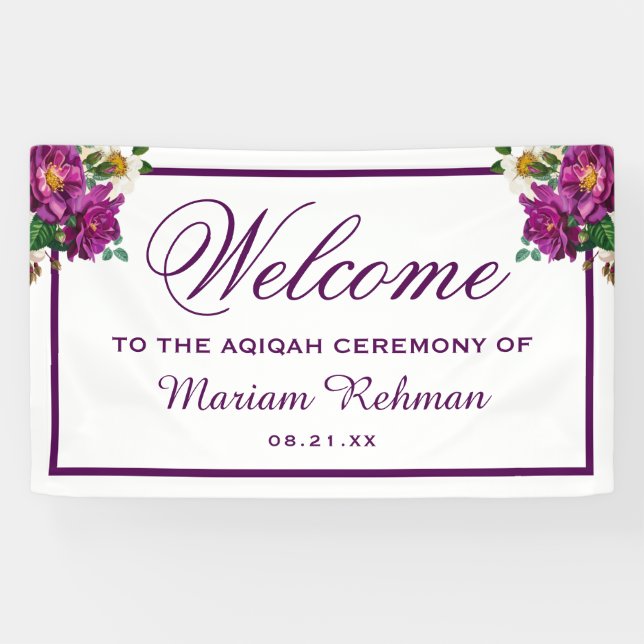 Modern Purple Floral Baby Girl Aqiqah Banner (Horizontal)