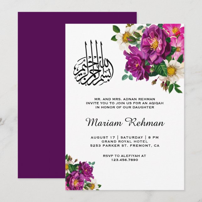 Modern Purple Floral Baby Girl Aqiqah Invitation (Front/Back)