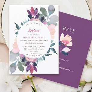 Modern Purple Floral Baptism Invitation